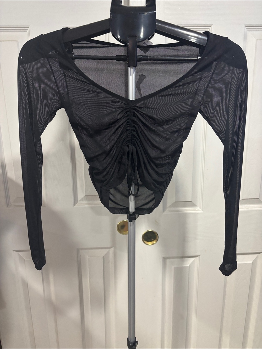 Women's Black Ruched Mesh Long-Sleeve Top